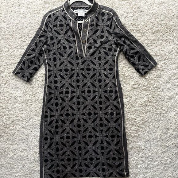 Gretchen Scott Jersey Mandarin Dress Hooplah Gray XS Geometric‎ Art Stretch NEW - Picture 1 of 13